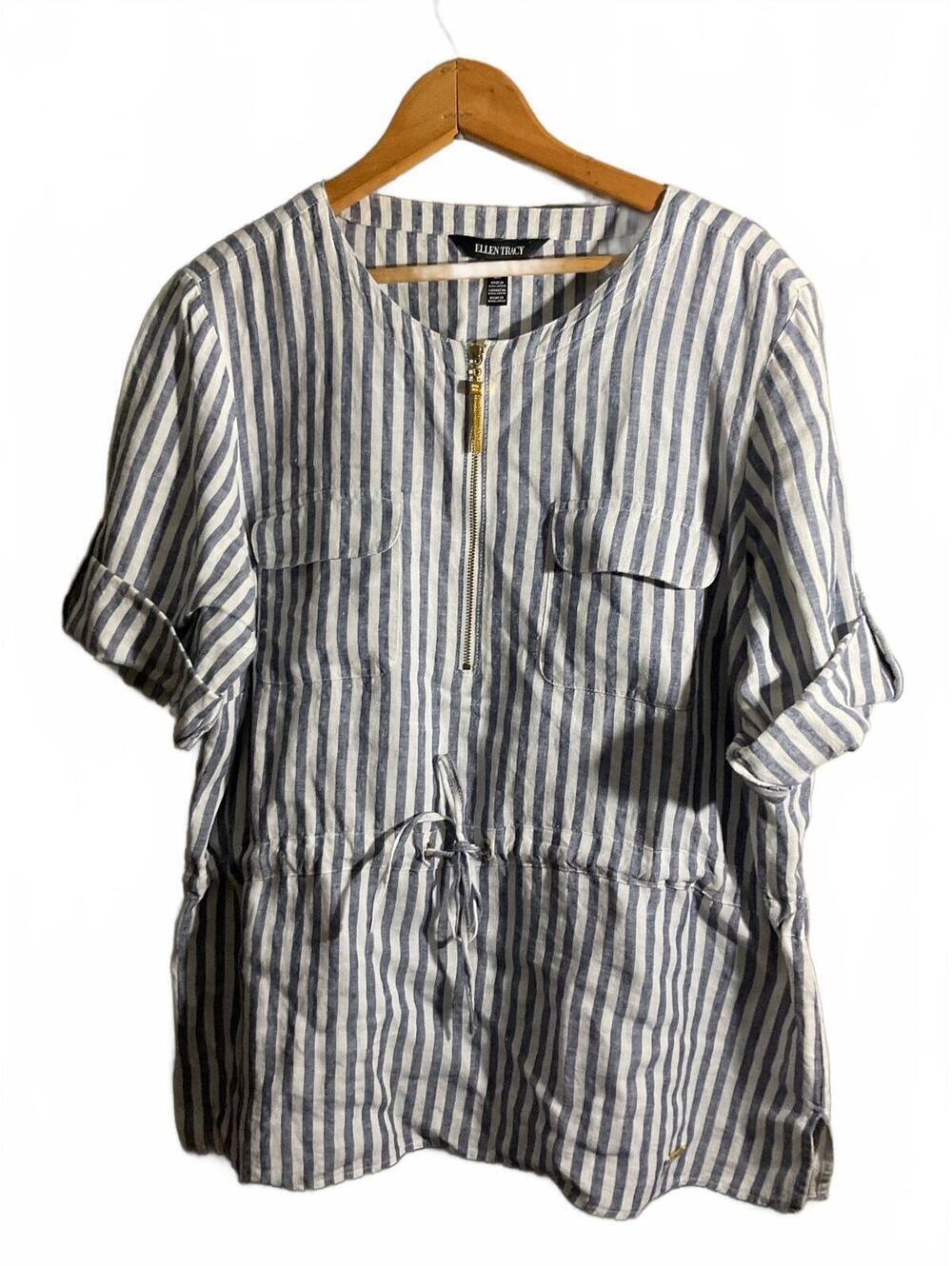 Ellen Tracy Women's Striped Linen Zip-Front Tunic Top Gold Accents Size L